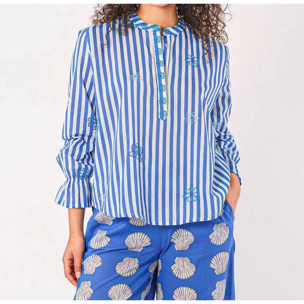 NEW NIMO WITH LOVE flower embroidery broom stripe blouse in blue